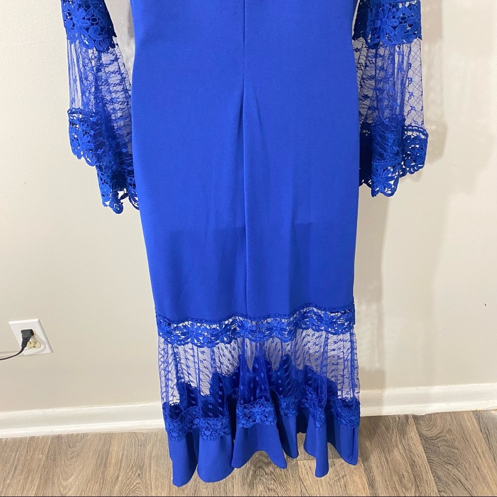 New Bell Sleeve Mesh Fit and Flare Royal Blue Women’s Formal Dress - Picture 6 of 10